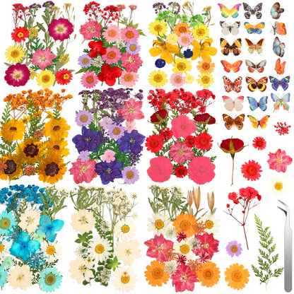 235 Pcs Pressed Dried Flowers for Resin, Natural Real Dried Pressed Flowers for Crafts, Bulk Dry Flowers for Resin Molds, Candles, DIY Art Jewelry Making with Tweezers Butterfly Stickers Set Decorate
