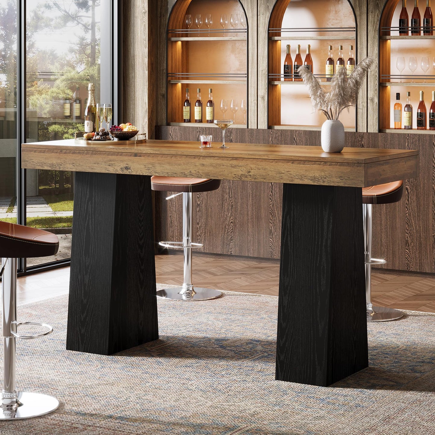 Tribesigns 63 Inch Wood Bar Table, Rustic Rectangular Bar Height Counter Table with Thickened Tabletop & Sturdy Base for Home, Basement, Event, Brown Black (1)