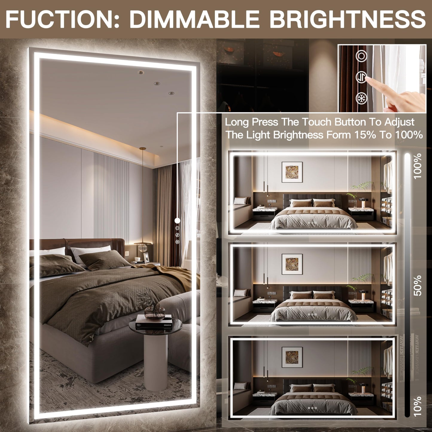FENNIO Full Length Mirror with Lights, 70" x 32" LED Full Body Mirror, Free Standing Lighted Floor Mirror, Wall Mounted Hanging Mirror with Lights for Bedroom, Salon, Tempered Glass（White）