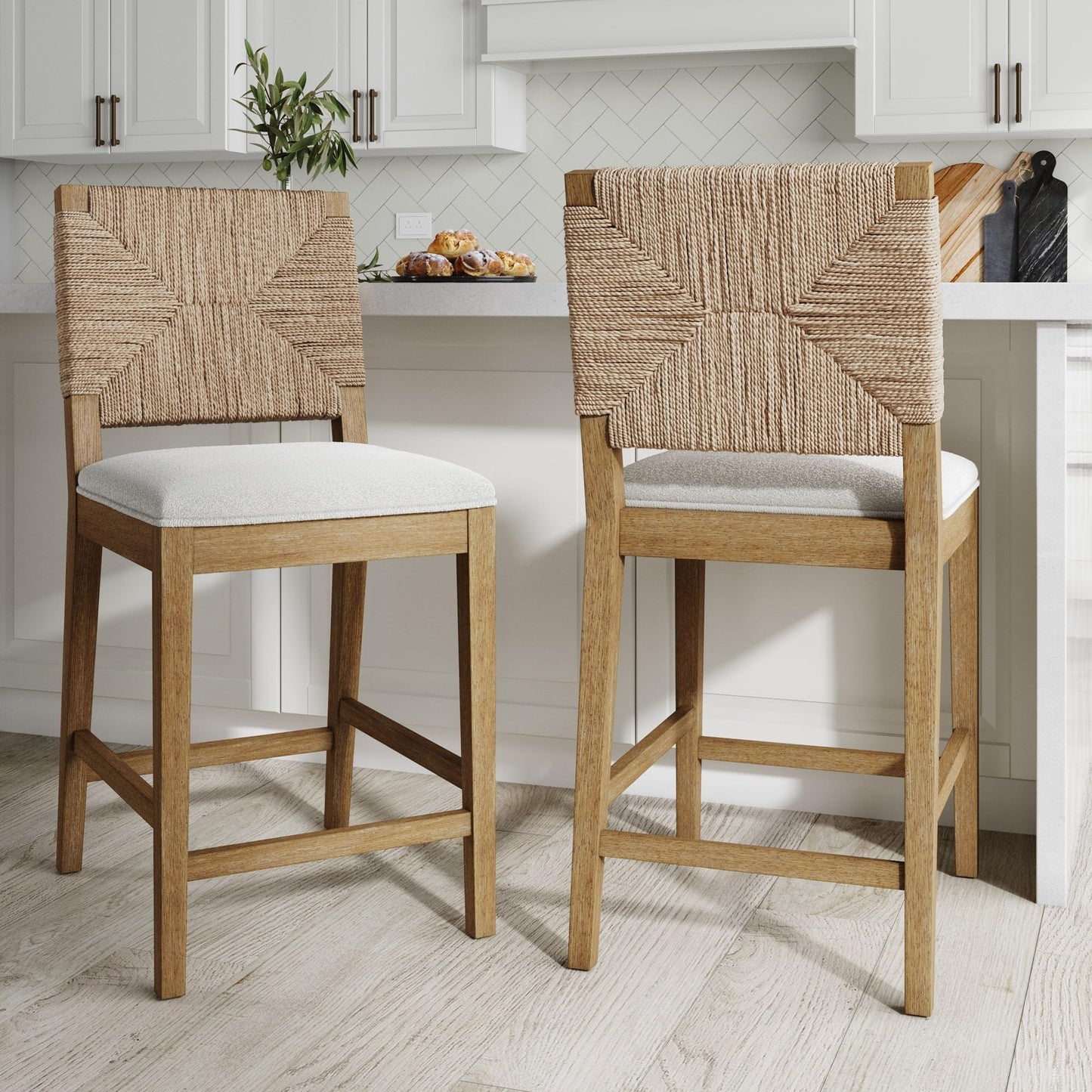 Nathan James Beacon Bohemian Boucle Bar Stool, Upholstered Counter Height Chair with Solid Wood Frame and Woven Seagrass Back for Kitchen Island, Light Brown/Seagrass/Cream Boucle, Set of 2