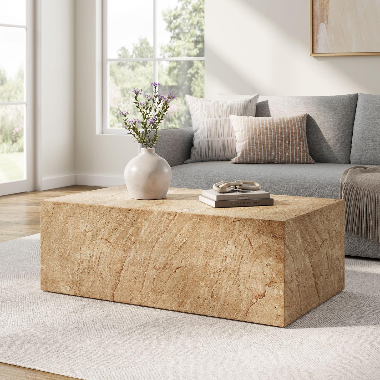 Modway Jordana 47 Inch Rectangle Concrete Coffee Table in Travertine – Plinth Coffee Table with Faux Stone Finish – Concrete Furniture Center Table for Living Room or Patio