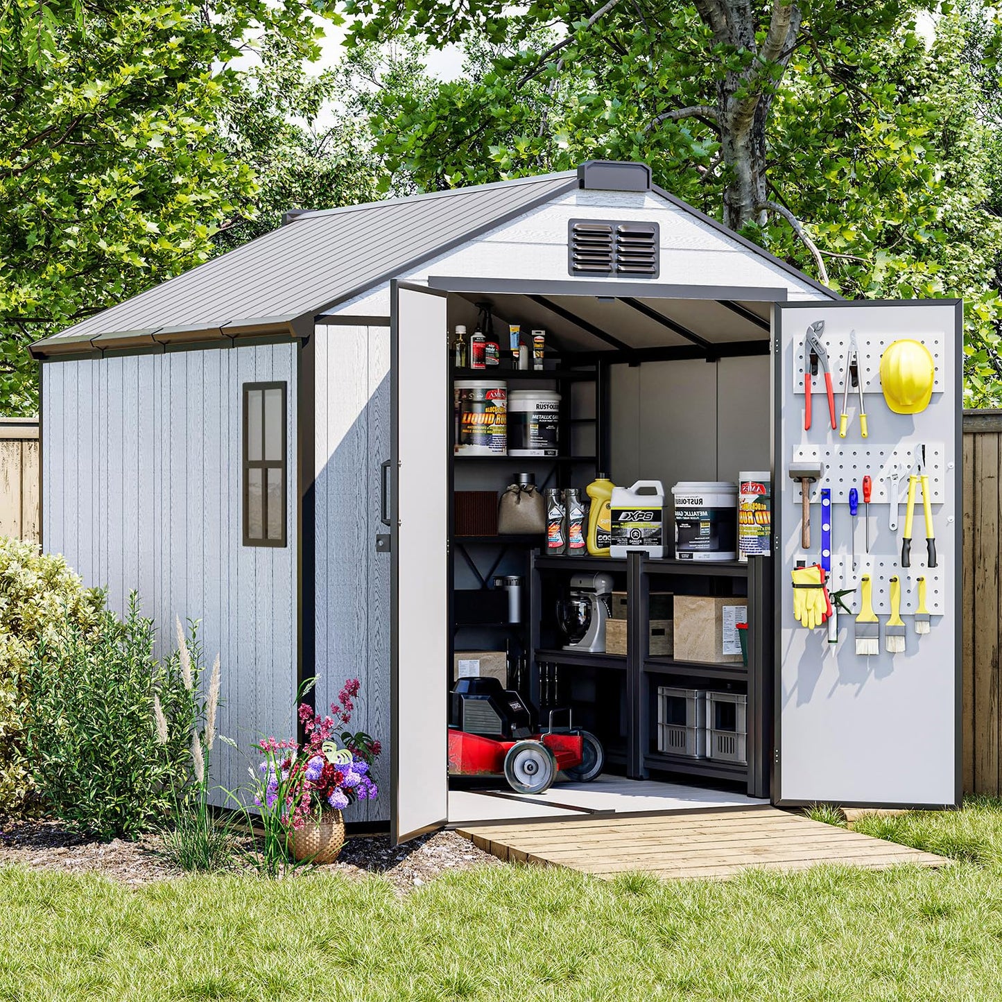 DNYKER 8 x 8 FT Resin Outdoor Storage Shed, All-Weather Plastic Garden Shed with Floor, Lockable Doors & Windows, Plastic Tool Shed for Backyard, Patio, Poolside