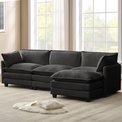 ROWHY 112'' Sectional Cloud Couch with Movable Ottoman, 4 Seat Modern Chenille Modular Sofa with 2 Throw Pillows, Deep Seat L Shaped Couch for Living Room Bedroom Apartment, Dark Grey
