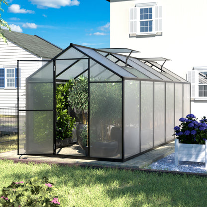 Yardenaler 6x12 FT Polycarbonate Aluminum Greenhouse, Outdoor Walk-in Green House Kit with 2 Adjustable Roof Vents and Lockable Door, Backyard Garden in Winter, Gray