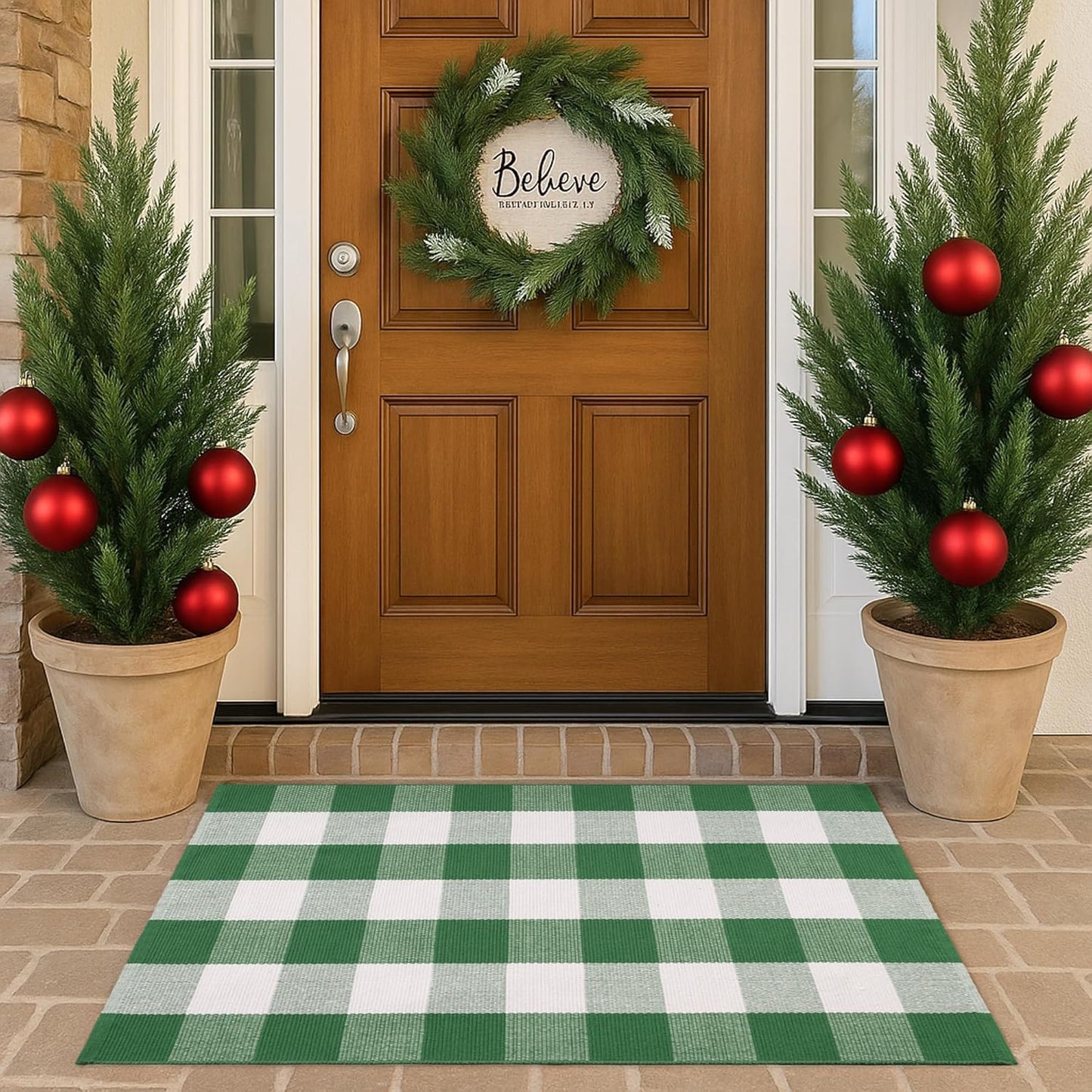 28 43 Inches Christmas Green & White Plaid Rug - x Outdoor Front Door Decor Mat Cotton Washable Hand-Woven Rug