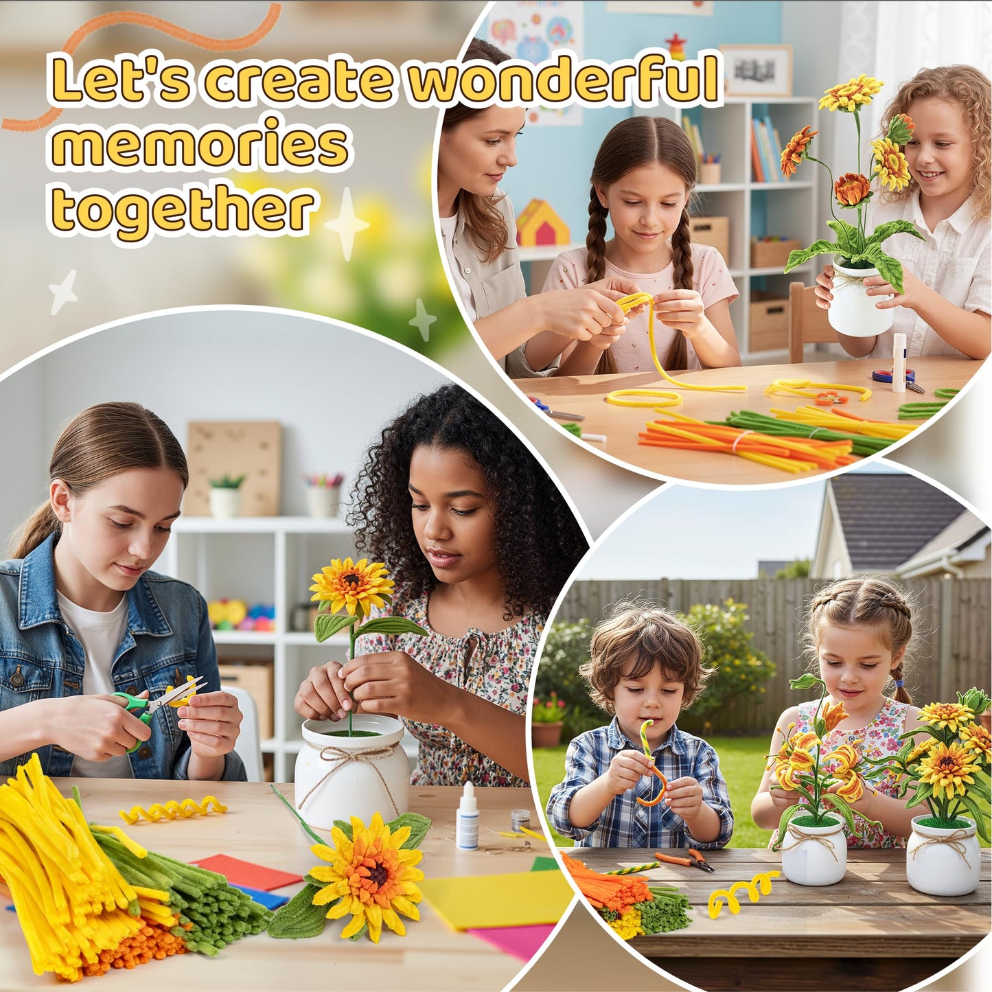 POMBUDS 430 PCS Pipe Cleaners Flower Kit, Sunflower, 6 Bright Color, with Potted Plant Accessories, Durable Chenille Stems Fuzzy Sticks Craft Supplies, Pipe Cleaner for DIY Art and Craft