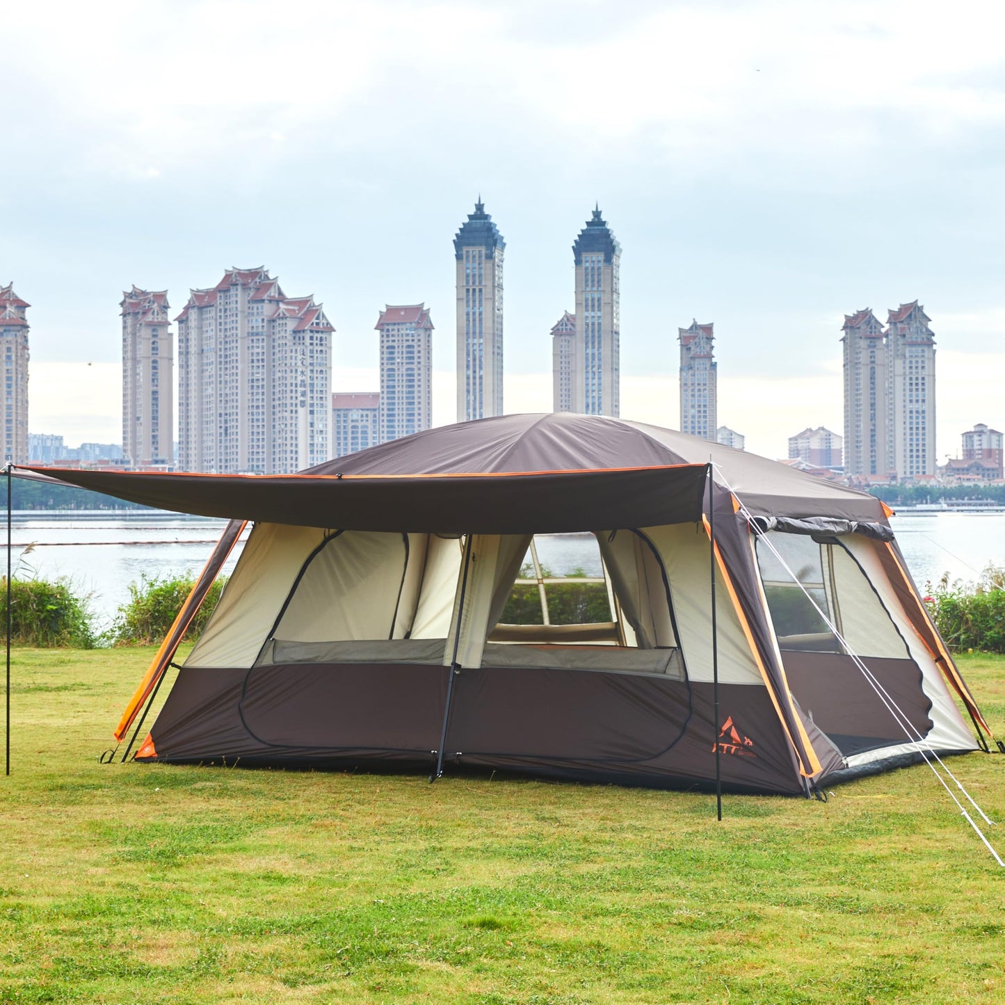 KTT Extra Large Tent 12 Person,Family Cabin Tents,Awning,2 Rooms,4 Doors and 4 Windows with Mesh,Straight Wall,Waterproof,Double Layer,Big Tent for Outdoor,Picnic,Camping,Family Gathering(Brown)