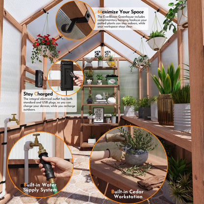 Modern Shade EverBloom 6.5'x8' Wooden Greenhouse, 8' Extra-Tall Cedar Wood Greenhouse with Built-in Outdoor Faucet Kit, Heavy Duty Greenhouse with Built-in Shelving, Power Strip & Ventilation System