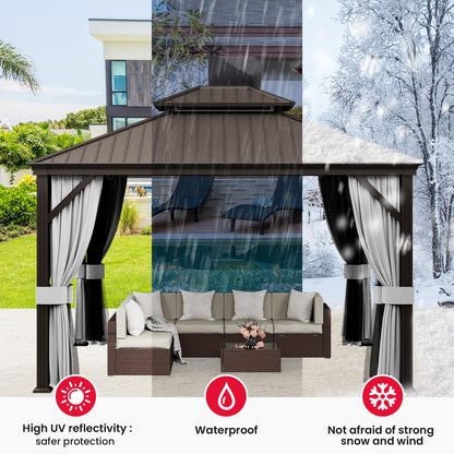PAMAPIC 10x12FT Premium Hardtop Gazebo, 2-Tier Galvanized Steel Roof with Aluminum Frame, UV-Proof Curtains & Mosquito Netting, All-Weather Outdoor Pavilion for Backyard, Garden & Parties,Brown