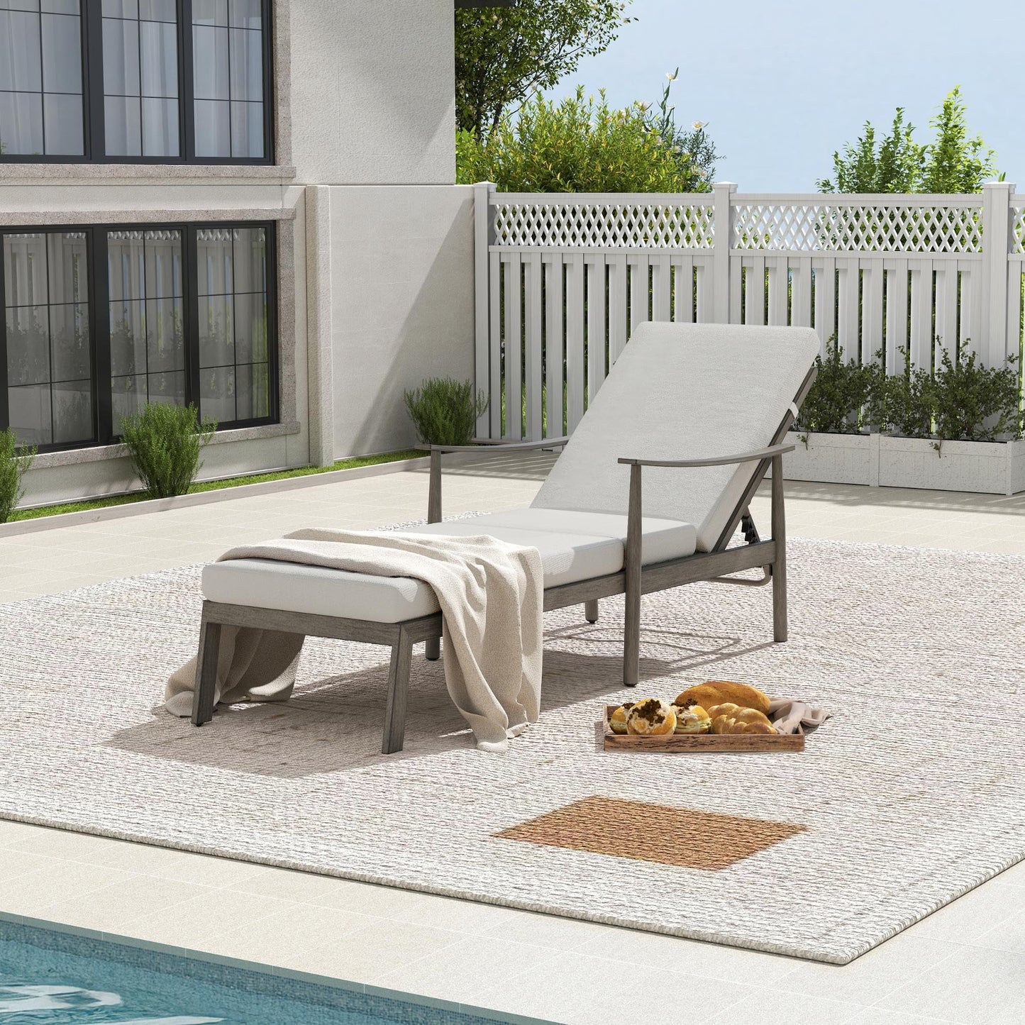 HAPPATIO Outdoor Chaise Lounge - Aluminum Pool Lounge Chair with Adjustable Backrest and Cushion, Curved Armrest, Outdoor Lounge Chair for Beach, Yard, or Poolside (Grey)