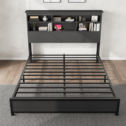 Garvee Queen Platform Bed Frame with Bookcase Headboard, Charging Station (USB & Type‑c), Tall Wooden Headboard, 9.6" Underbed Storage, No Box Spring Needed, Black