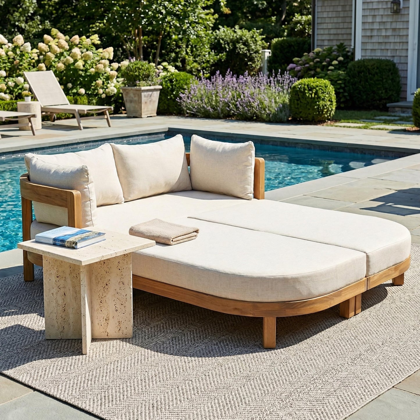 Christopher Knight Home Donovan Acacia Wood Outdoor Daybed with Cushion, Spacious Seating Lounge Sofa, Tub-Shaped Back Daybed, Curved Armrest Chaise Lounge Outdoor for Poolside Backyard, Teak+Beige