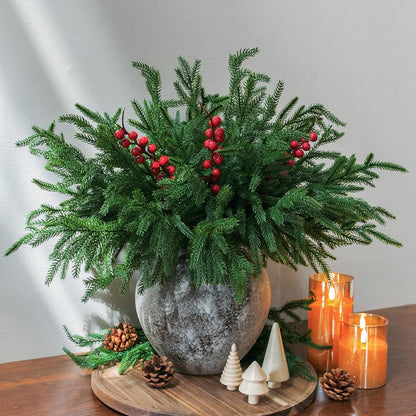 florisso Artificial Faux Christmas Norfolk Pine Stems Branches for Vases,12 Bundles Fake Evergreen Real Touch Greenery Stem with 3 PCS Red Berry Branches for Xmas Holiday Winter Table Indoor Decor