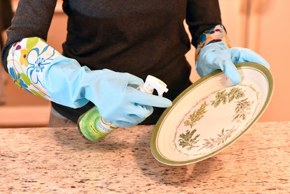 2 PAIRS Household Gloves Latex Free Cleaning Gloves with Soft Lining Long Cuff 15" & Grip, Medum, Pink/Blue