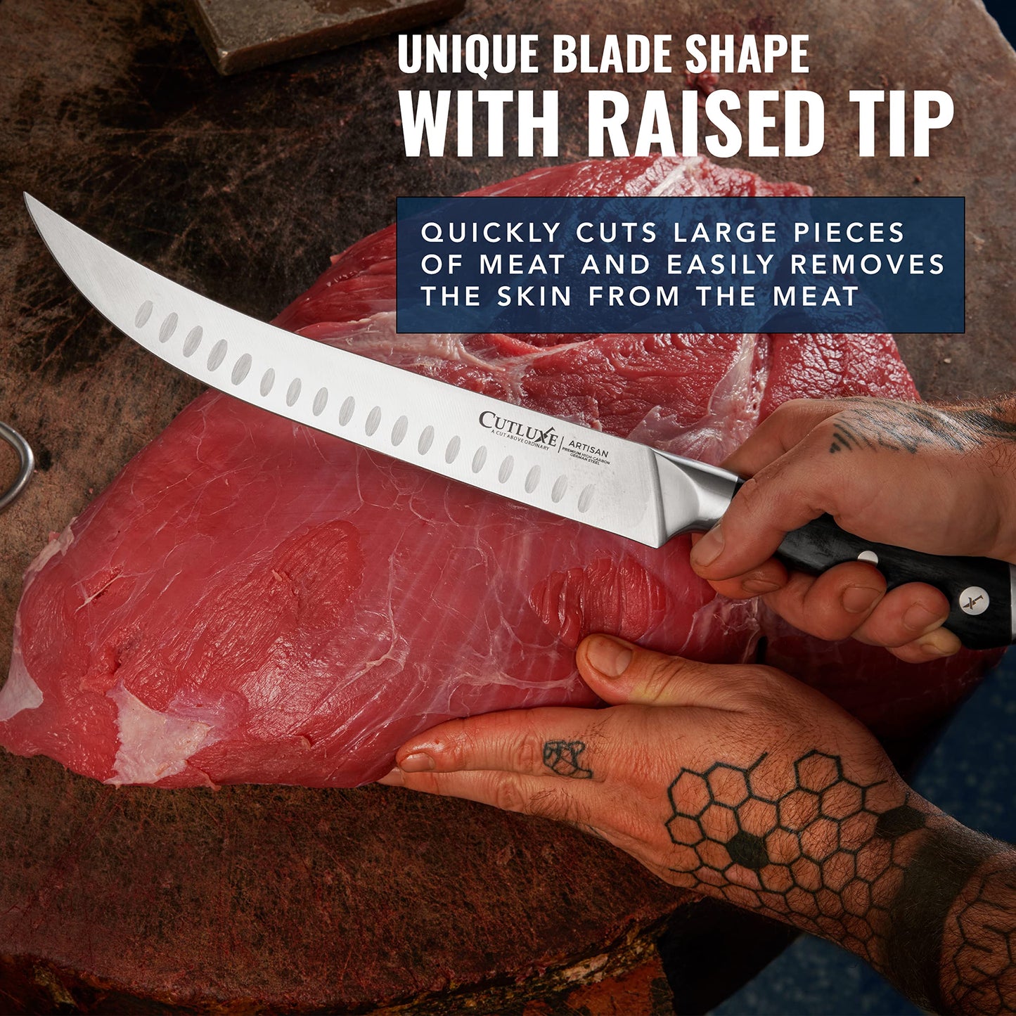 Cutluxe Butcher Knife – 10″ Cimeter Breaking Knife, Razor Sharp Forged High Carbon German Steel, Full Tang Meat Carving Knife, Ergonomic Handle Design, Grilling Gifts for Men – Artisan Series
