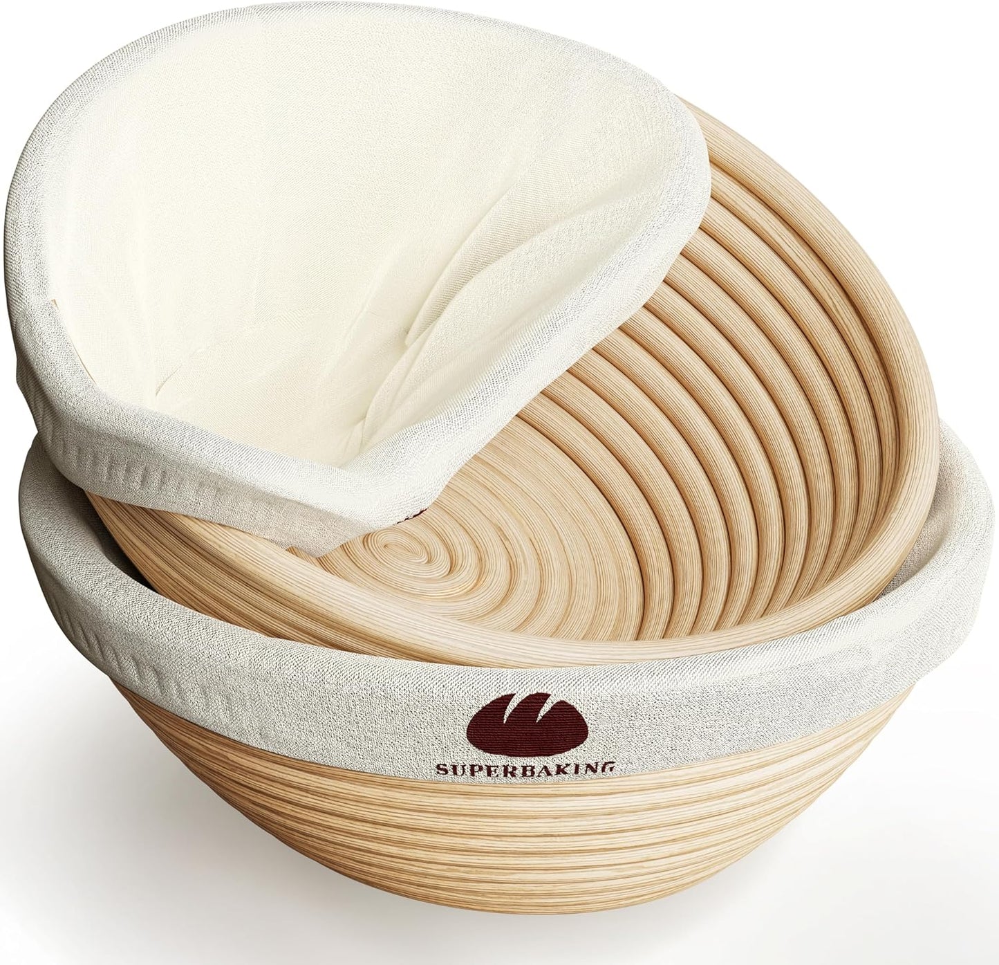 2 9" Superbaking pcs Banneton Bread Proofing Basket, Splinter-Free Round Rattan Bread Basket with Liners, Sourdough
