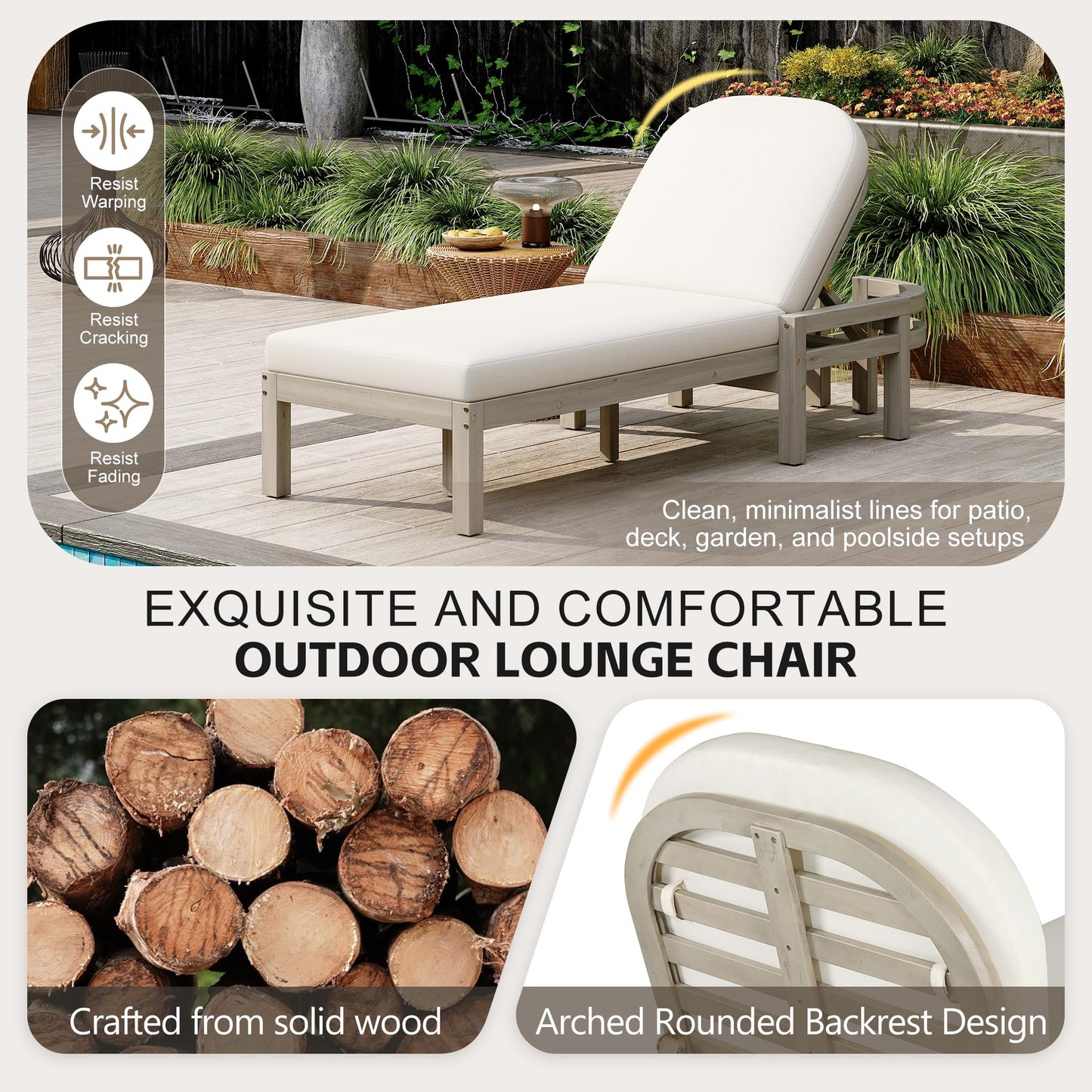 Merax Outdoor Chaise Lounge,Premium Acacia Wood Patio Recliner with Arched Backrest,5-Position Adjustable Backrest,Thick Cushion,Outdoor Lounge Chair for Poolside,Backyard,Deck & Lawn,Gray
