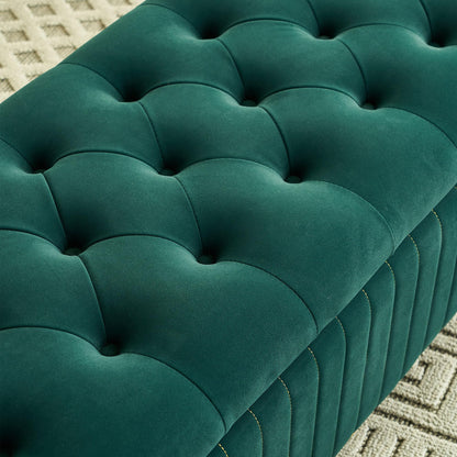 KEIKI 47" Rectangle Velvet Tufted Ottoman Bench with Solid Metal Leg, Modern Style Storage Footstool with Deep Button Tufting and Gold Embroidery, Easy Assembly, for Living Room, Bedroom, Green