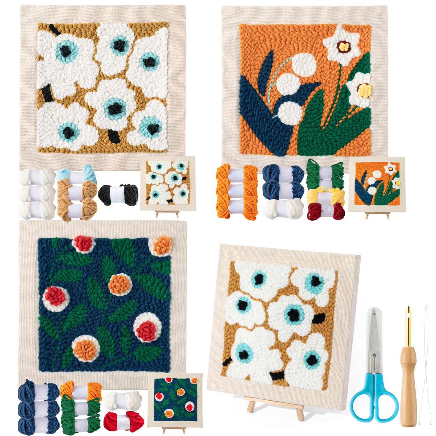 WATINC Punch Needle Kit with Frame for Beginners - 8Pcs Floral Easy Art Work Decor Craft Supply for Beginners, DIY Set of 3Flower Pattern Tufted Rug Pads with Adhesive Felt Yarns Embroidery, Tools Instruction for Adult Christmas Birthday Gift Supplies