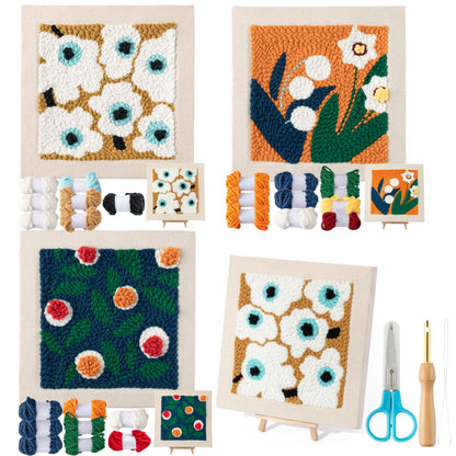 WATINC Punch Needle Kit with Frame for Beginners - 8Pcs Floral Easy Art Work Decor Craft Supply for Beginners, DIY Set of 3Flower Pattern Tufted Rug Pads with Adhesive Felt Yarns Embroidery, Tools Instruction for Adult Christmas Birthday Gift Supplies