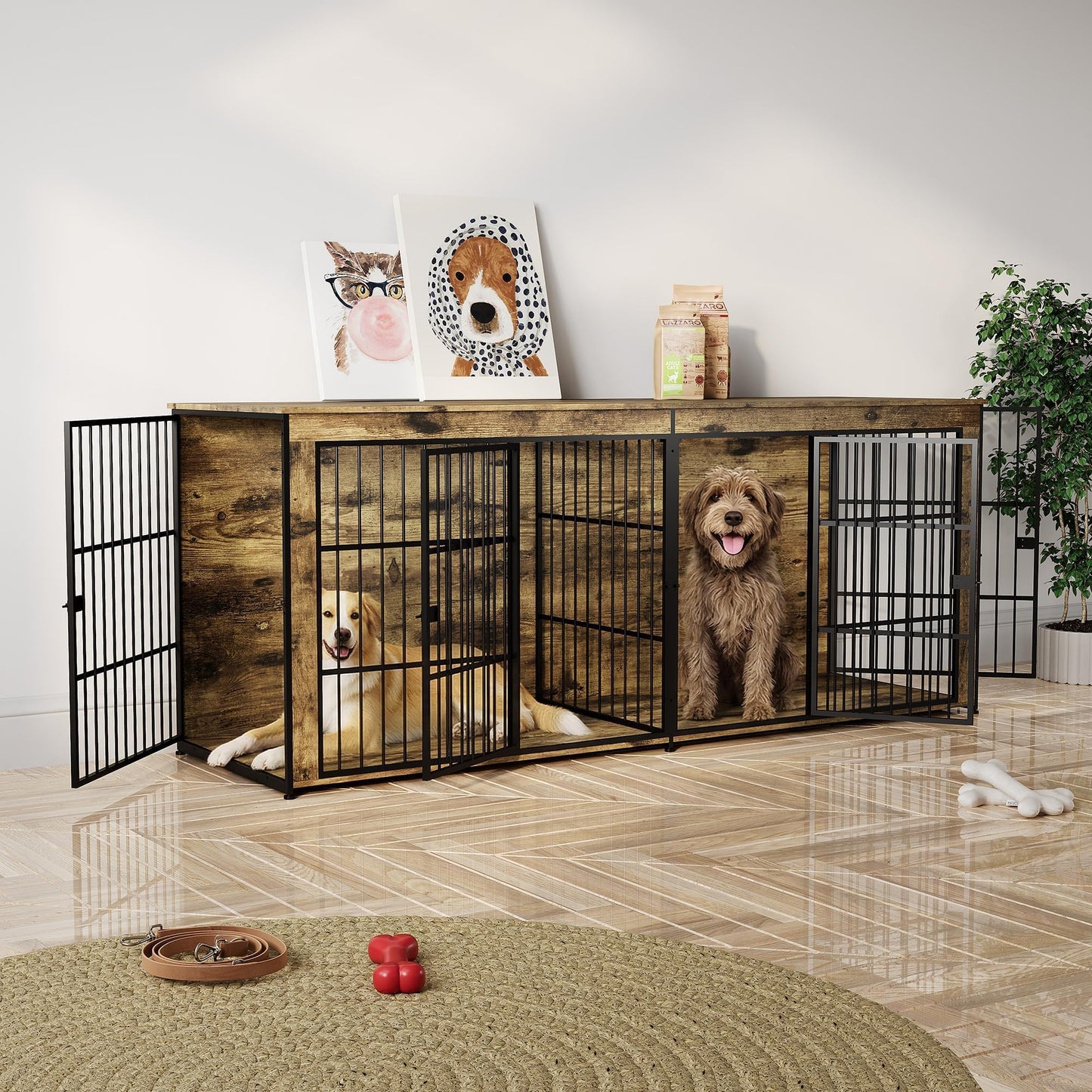94.5" Dog Crate Furniture, Dog Kennel Furniture with Divider, Lockable, Wooden Crate TV Stand End Table for Large Medium Dogs, Rustic