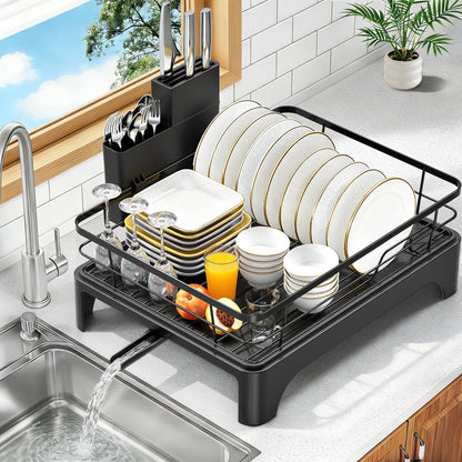 OERPHO Dish Drying Rack for Kitchen Counter, Dish Rack, Dish Drainer for Kitchen with Built-in Drain, Stainless Steel Sink Organization and Storage Essentials with Cutlery Holder (17" x 13.4", Black)