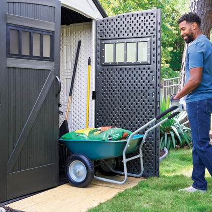 Rubbermaid Resin Outdoor Storage Shed With Floor (7 x 7 Ft) Weather Resistant, White, Organization for Home/Backyard/Garden Tools/Lawn Mower/Bike Storage/Pool Supplies
