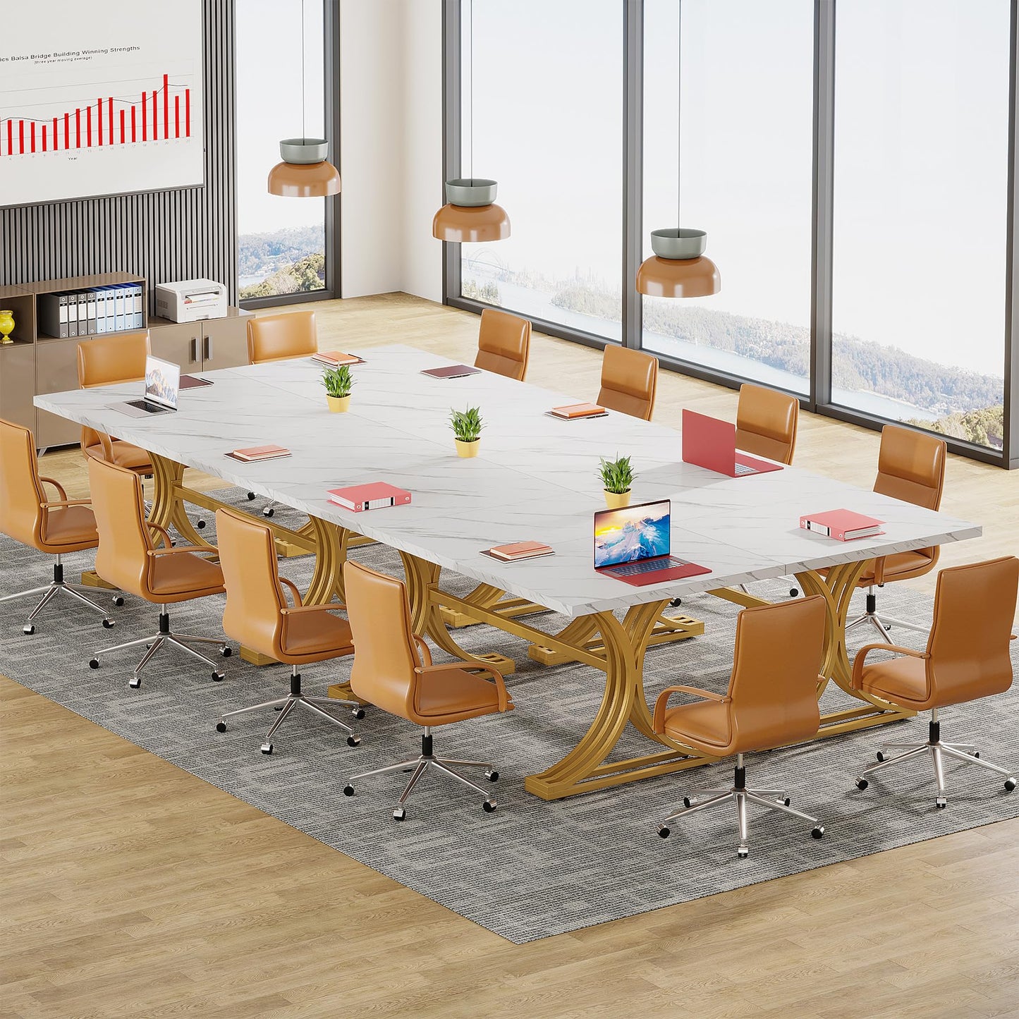 Tribesigns 10.5FT Conference Table, Modern Meeting Table for 8-10 People, Rectangle Seminar Boardroom Table for Office Conference Room with Stylish Legs (2, White + Gold)