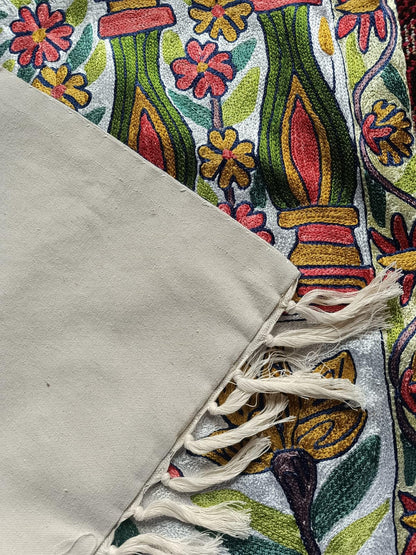 Kashmir Handmade Chain Stitch Peacock Wall Tapestry, Silk and Cotton on Canvas, 2.5 x 4 ft, Multicolor Floral Design Pack of 01