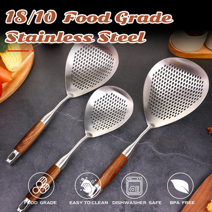 MARTE 16.5in 304 Stainless Steel Skimmer Slotted Spoon - Pasta Spider Strainer Ladle for Cooking and Frying - Kitchen Metal Scoop Colander With Heat Resistant Wooden Handle