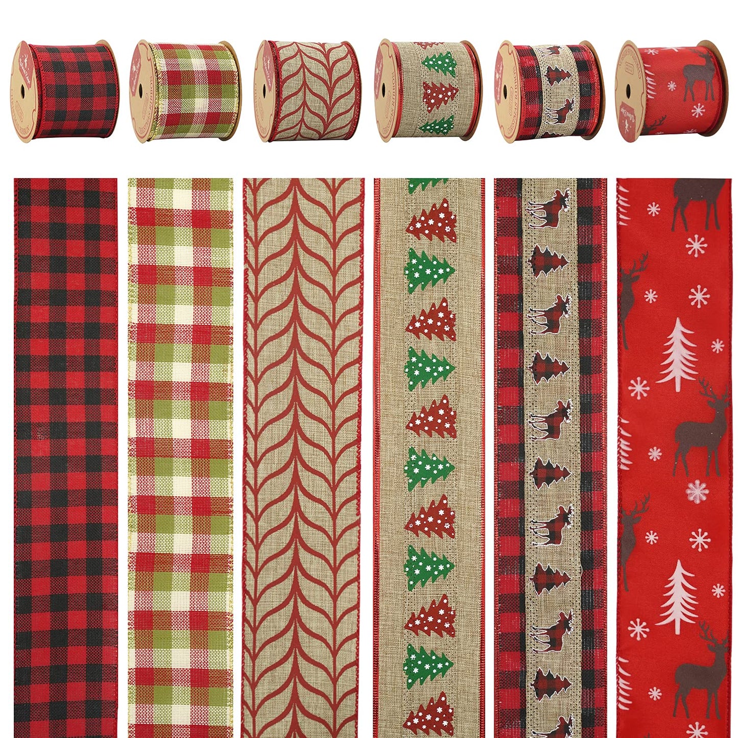 MEEDEE Burlap Wired Ribbon 2.5 Inch 6 Rolls 36 Yards Buffalo Plaid Ribbon for Wreaths, Tree Decorations, Ribbon Garland