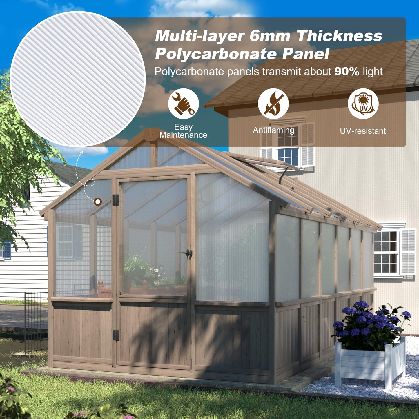 BlueWish 8x12 FT Greenhouse for Outdoors, Wood Green House with Cedar Frame & 6MM Thick Polycarbonate Panel, Walk in Greenhouse with Adjustable Vents for Outdoor, Patio, Garden, Backyard