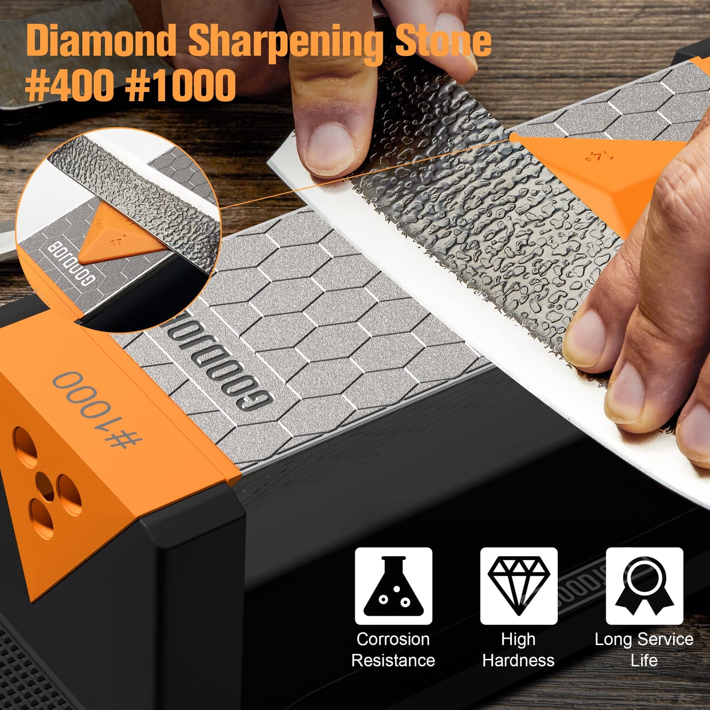 Goodjob Diamond Sharpening Stone 3 Side Grit 400/1000/8000 Premium Industrial Diamond & Ceramic Whetstone Knife Sharpener Suitable for Steel of any Hardness with Angle Guide and Non-Slip Base (GB-3D)
