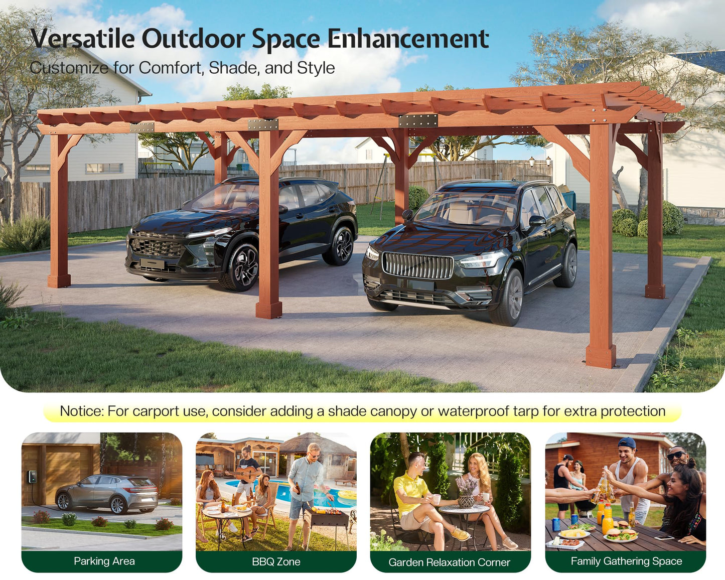 Jocisland 12x24 FT Premium Cedar Wood Pergola with Trellis Roof & Weather-Resistant Support, Outdoor Pergola Kit with Stakes, Garden Gazebo for Patio, Backyard & Events, Reddish-Brown