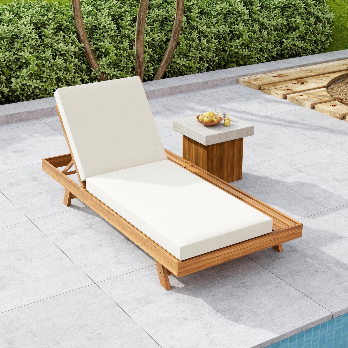 Christopher Knight Home Kayes Acacia Wood Chaise Lounge with 4'' Cushion, Outdoor 79'' Patio Recliner Chair with 4-Position Adjustable Backrest, Sun Lounger for Poolside Backyard, Teak+Cream