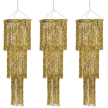 Beistle 3-Tier Shimmering Chandeliers – 3 Pack Gold Hanging Party Decorations, Elegant Foil Ceiling Décor for New Year’s Eve, Weddings, Anniversaries, 1920’s Themed Parties and Celebrations, 4 Ft