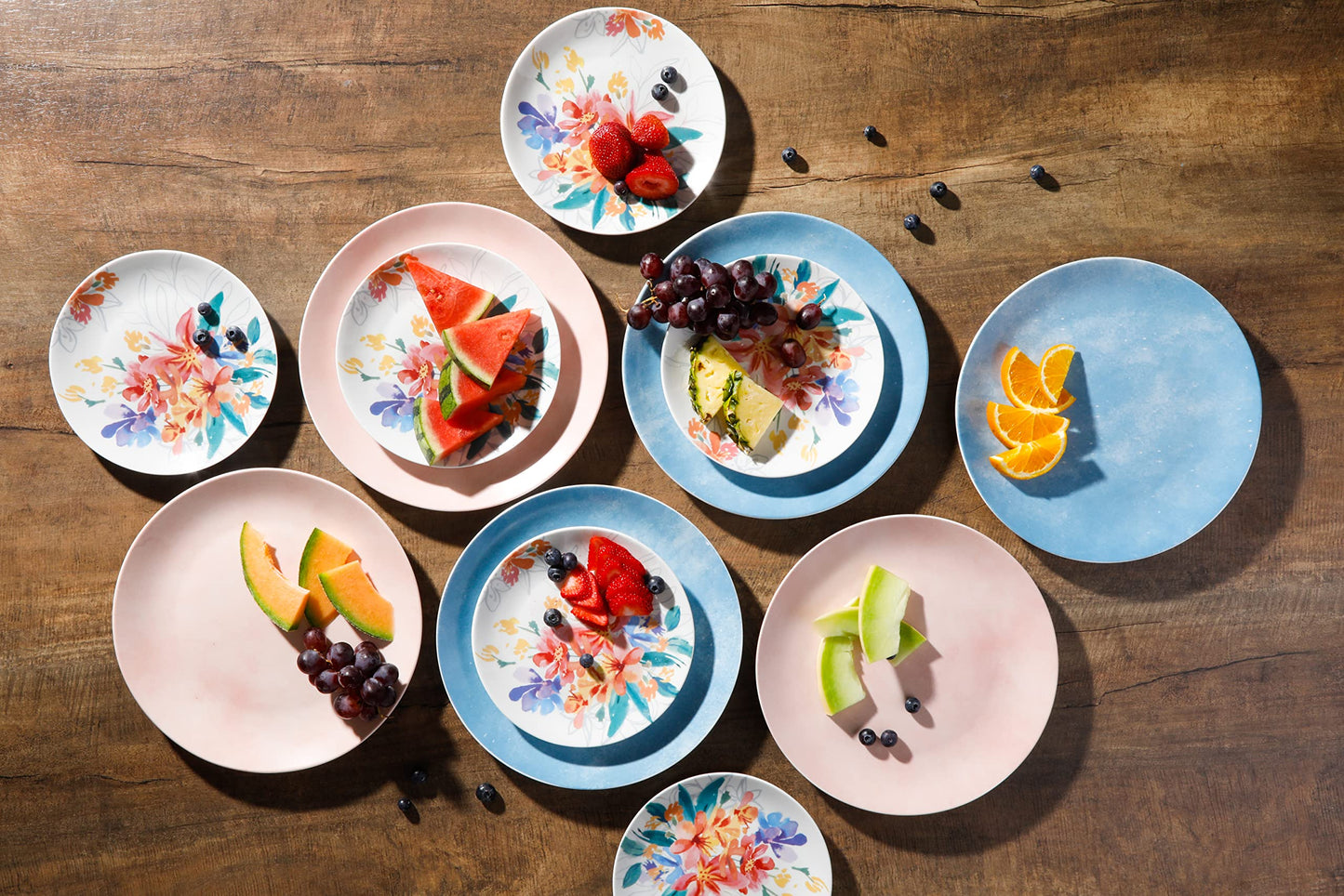 Spice by Tia Mowry Goji Blossom Decorated Porcelain Chip and Scratch Resistant Dinnerware Set, Blue, 12-Piece