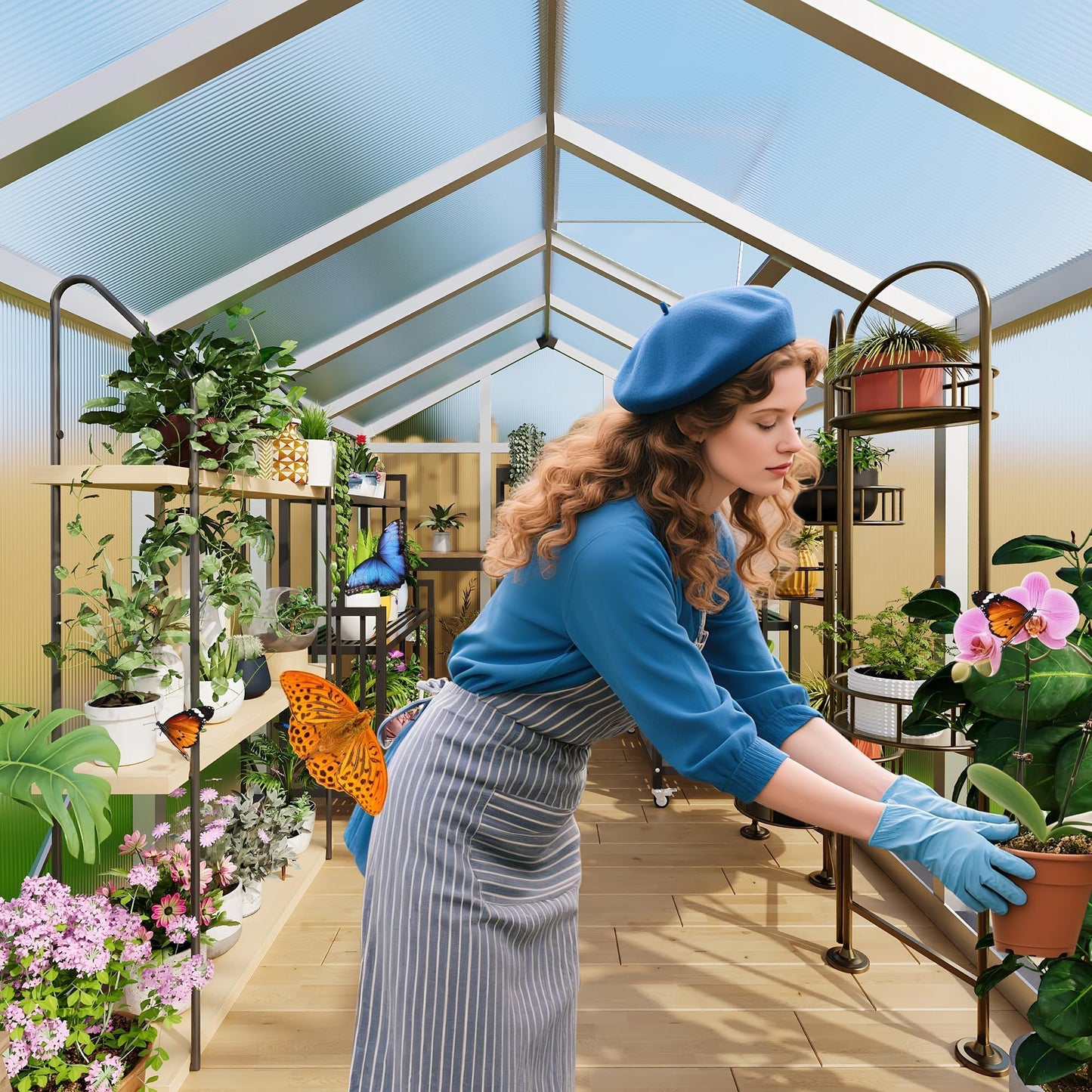 6x10 FT Greenhouse, Outdoor Sliding Door, Polycarbonate Greenhouse with Aluminum Frame, Lockable Door and Ajustable Roof Vent for Backyard, Outside Garden Backyard, Patio, Silver