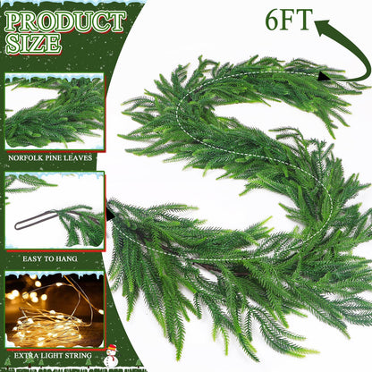 Norfolk Pine Garlands with Light String, 6Ft Artificial Soft Christmas Pine Garland, Green Real Touch Greenery Garland for Table, Mantle, Staires, Wall, Premium Indoor/Outdoor Christmas Decorations