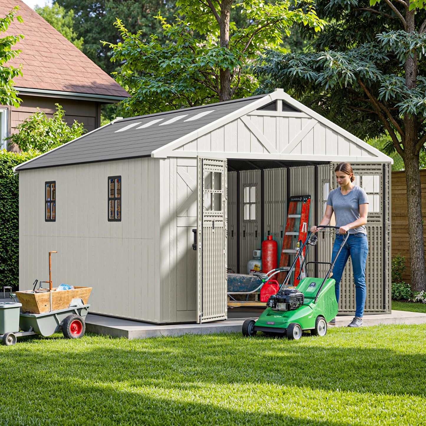 Patiowell 10 x 14 FT Outdoor Storage Shed, Plastic Shed with Floor and Skylight, Resin Storage Shed with Four-Window and Lockable Door for Garden, Patio, Backyard, Beige