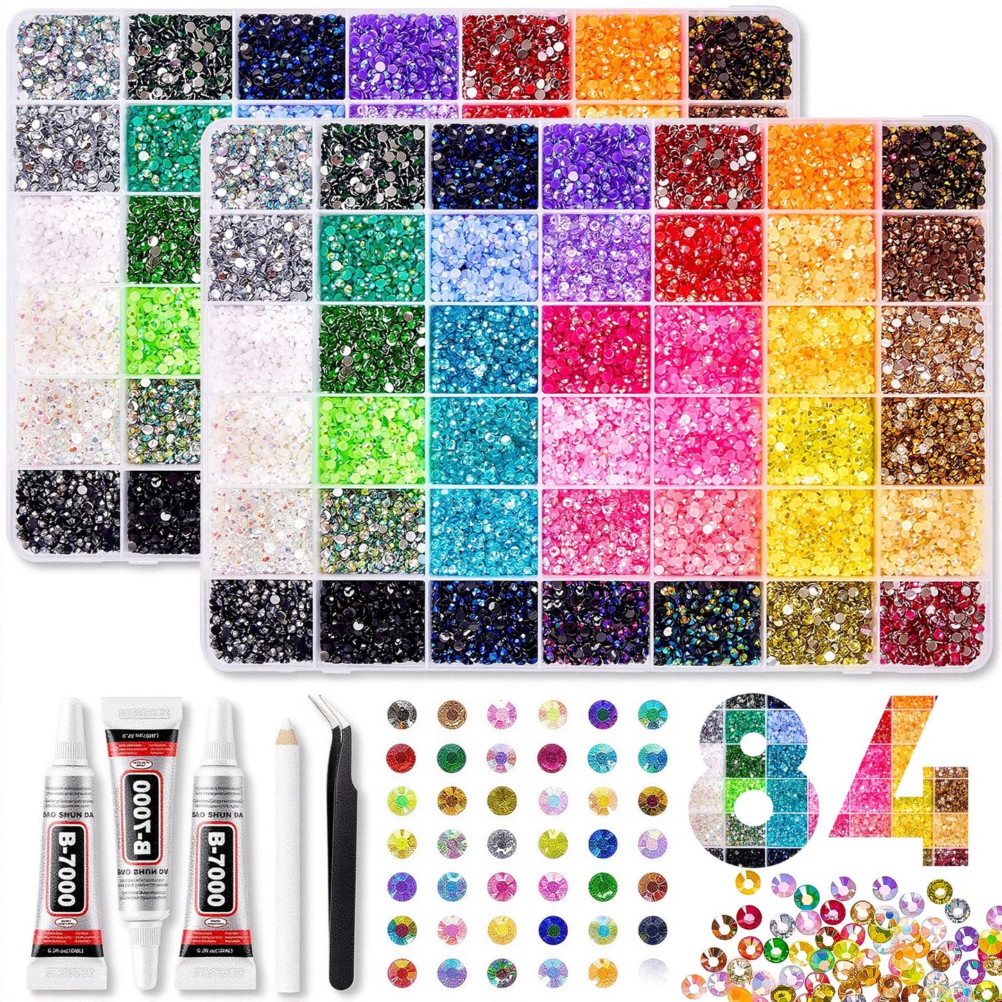 80000Pcs Bedazzling Kit with 3mm Rhinestones, 42 Colors Resin Flatback Nail Rhinestones, Bedazzler Kit with 3 B7000 Glue, Tweezers & Pen, Gems for Crafts, Clothes, Tumblers, Nail Art