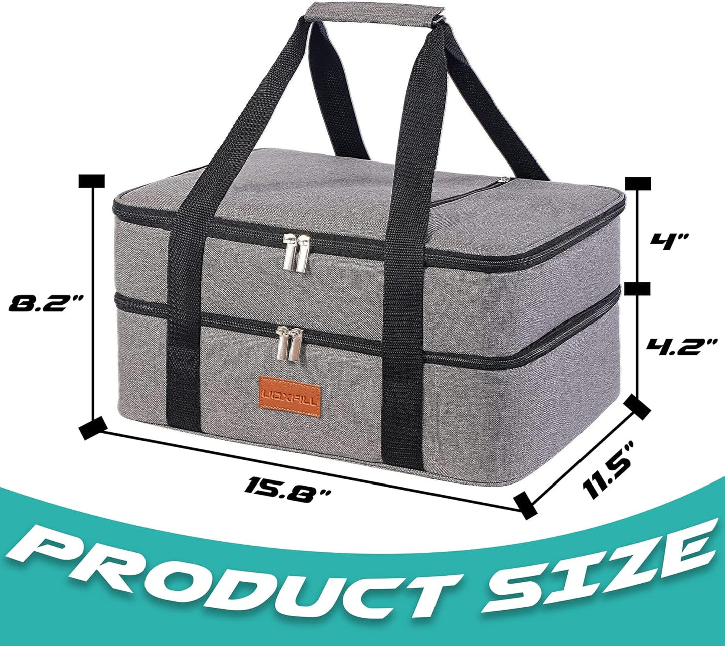 Insulated Lunch Bag, Double Decker Casserole Carrier for Hot or Cold Food, Fits 9"x13" Baking Pan, Gray
