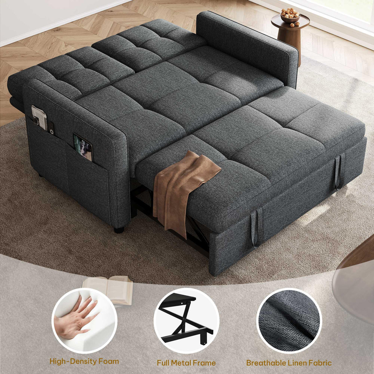 YITAHOME 55" Convertible Sofa Bed, 3-in-1 Sleeper Sofa with Iron Frame Pull-Out Bed, Linen Futon Couch with Reclining Backrest and Side Pocket, Modern Loveseat for Living Room Bedroom Apartment, Grey