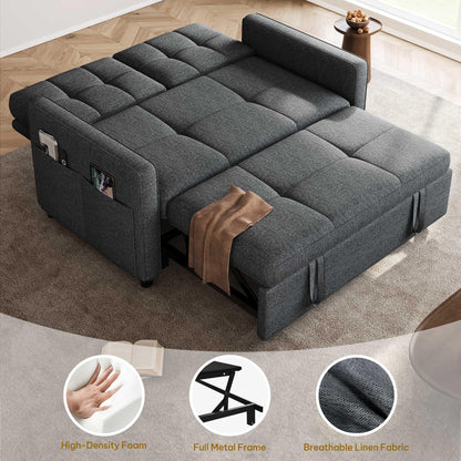 YITAHOME 55" Convertible Sofa Bed, 3-in-1 Sleeper Sofa with Iron Frame Pull-Out Bed, Linen Futon Couch with Reclining Backrest and Side Pocket, Modern Loveseat for Living Room Bedroom Apartment, Grey