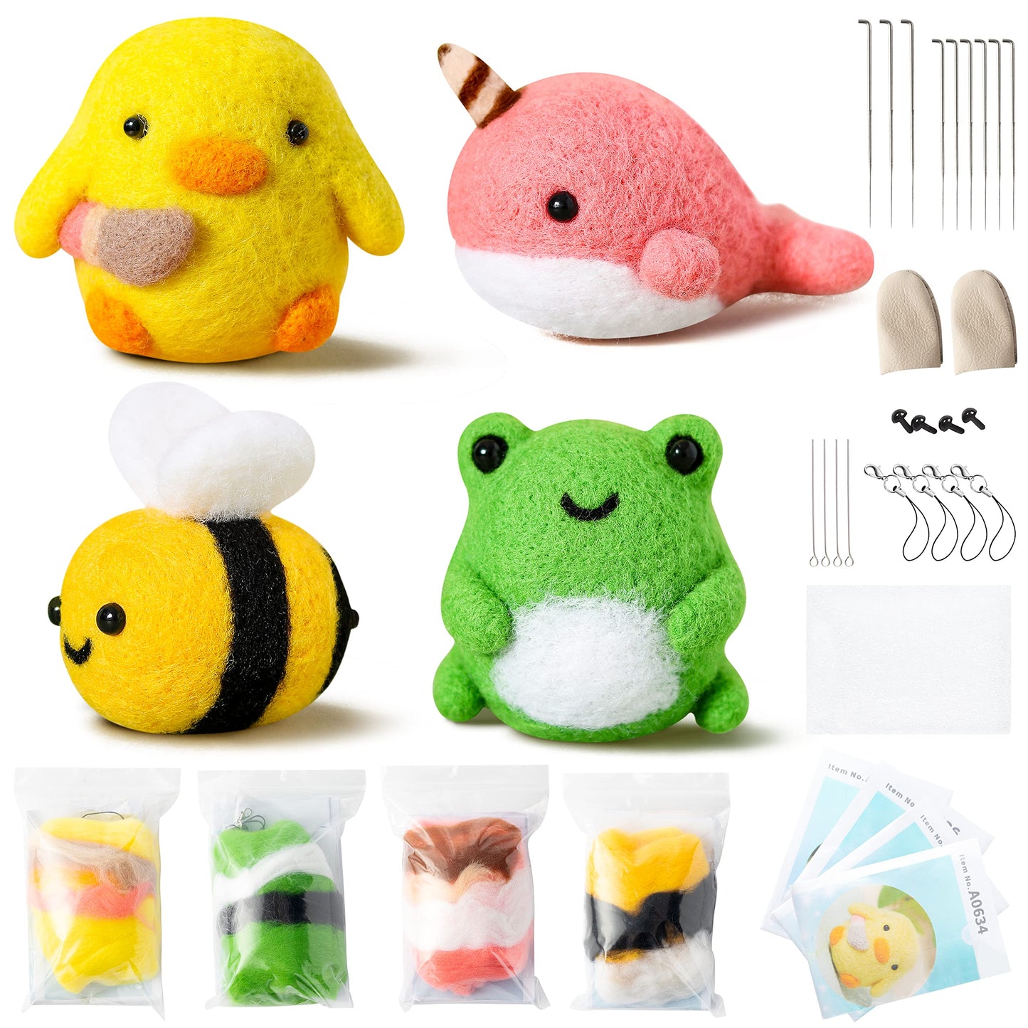 WATINC Set of 4 Cute Animal Needle Felting Starter Kit Frog Chick Bee Narwhal Animal Doll Wool Felting Tools Felt Needles Foam Mat DIY Needlework Craft Party Supplies for Beginners Adults
