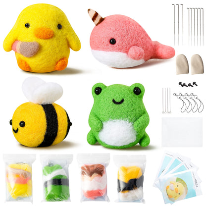 WATINC Set of 4 Cute Animal Needle Felting Starter Kit Frog Chick Bee Narwhal Animal Doll Wool Felting Tools Felt Needles Foam Mat DIY Needlework Craft Party Supplies for Beginners Adults