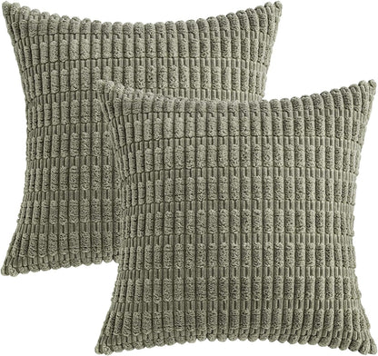 MIULEE Corduroy Throw Pillow Covers - Soft Boho Striped Design | 16x16 Inch Light Olive Green, Set of 2