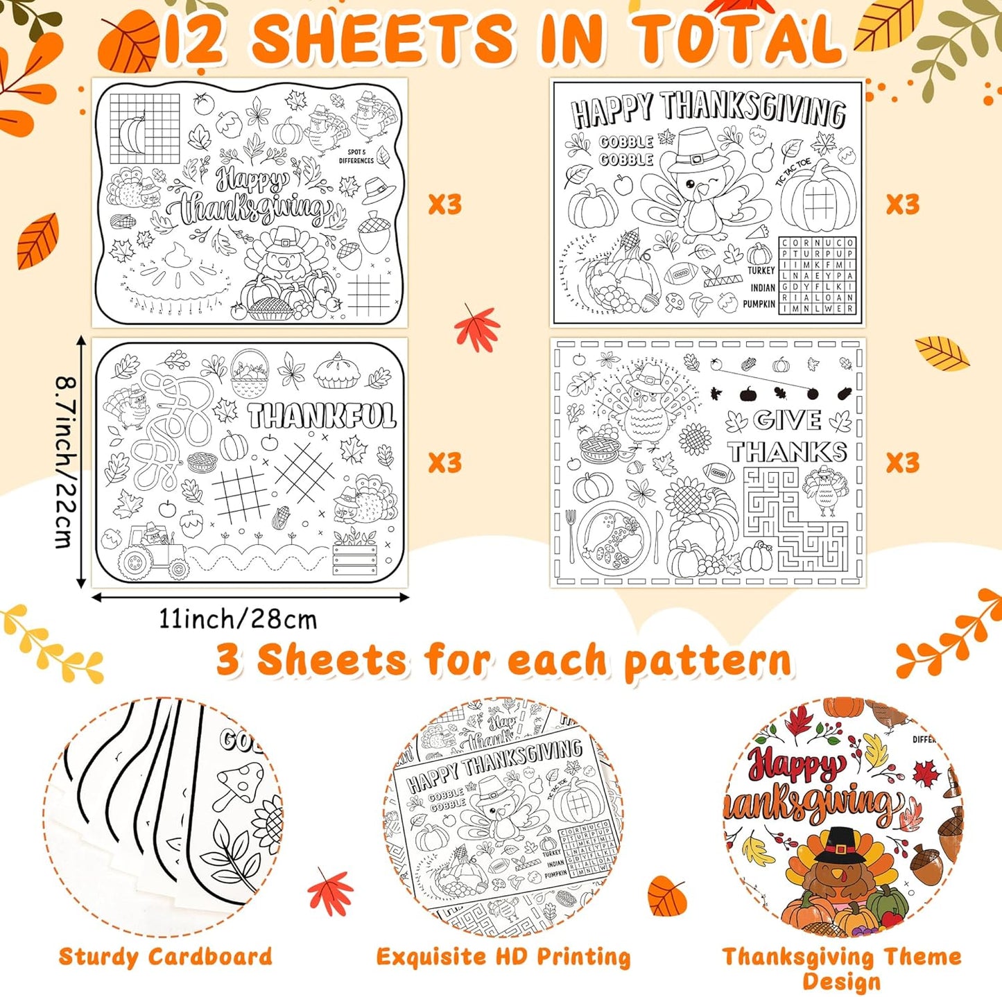 12Pcs R HORSE Thanksgiving Coloring Placemats - Disposable Paper Game Coloring Table Mats, Fall Turkey Place Mats