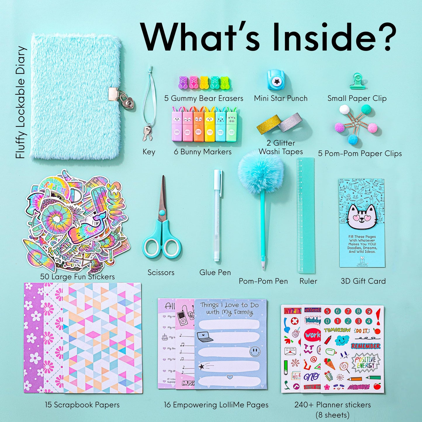 HAPPY LOLLI Mint LolliME DIY Journal Kit for Tween & Teen Girls Ages 8–14, Birthday Gift, 300+ Pieces Lockable Diary Set, Arts & Crafts, Scrapbook & Creative Journaling