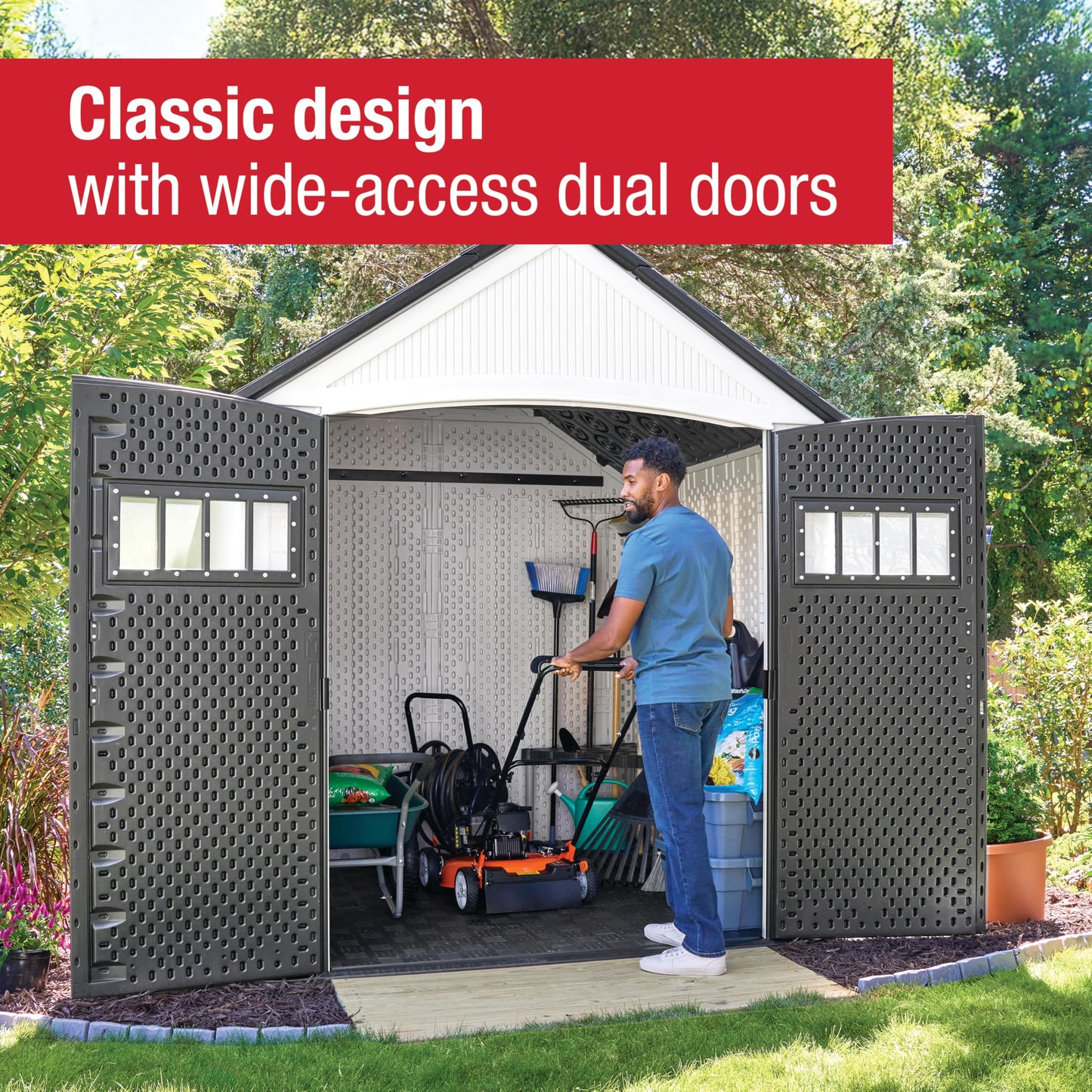Rubbermaid Resin Outdoor Storage Shed With Floor (7 x 7 Ft) Weather Resistant, White, Organization for Home/Backyard/Garden Tools/Lawn Mower/Bike Storage/Pool Supplies
